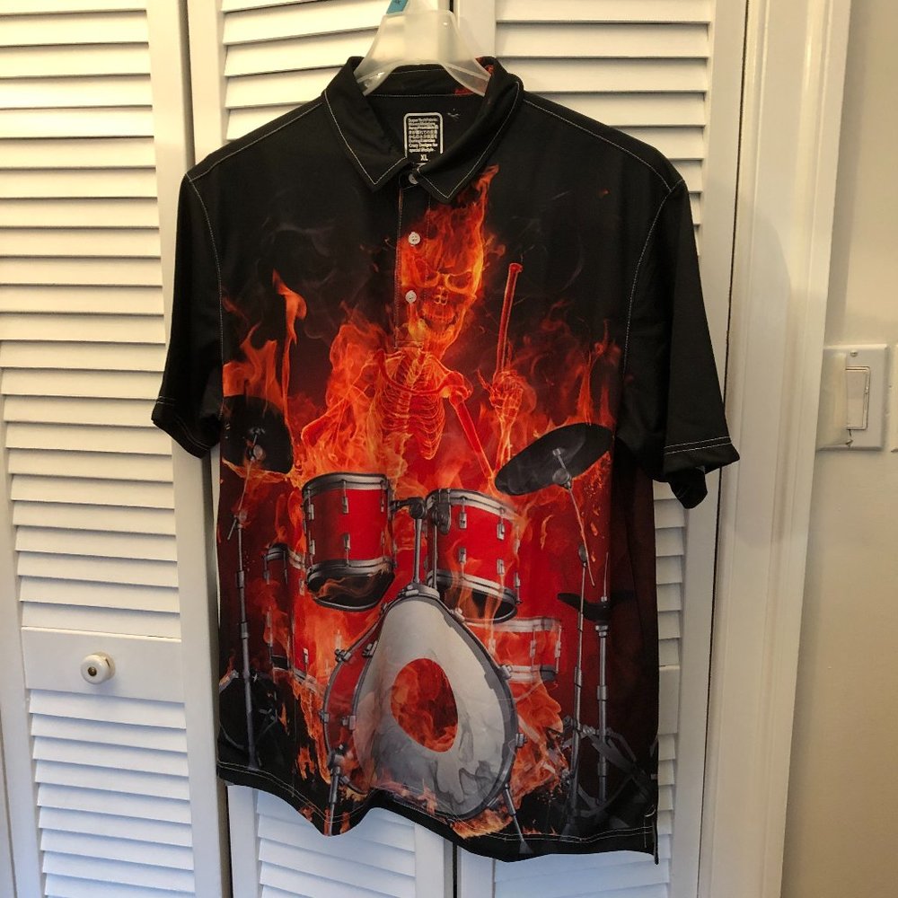 Skeleton playing drums on fire, black and orange s
